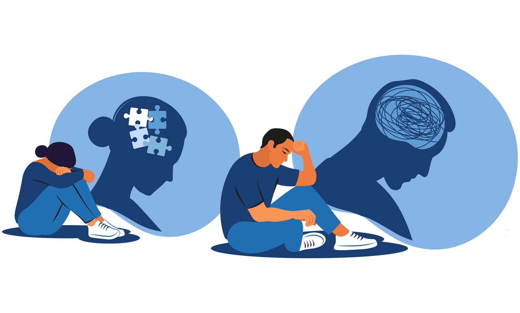 Depressed people sitting on floor and hugging knees. Mental health concept. Depression, bipolar disorder, obsessive compulsive, post traumatic stress disorder. Vector illustration.