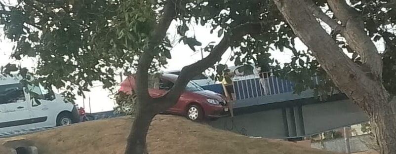 Carro colide contra proteção e fica pendurado no Viaduto do Café