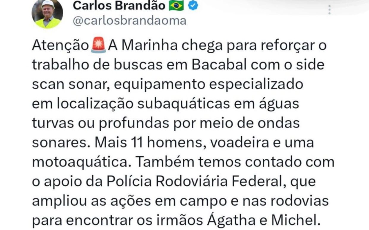 Buscas por Ágatha Isabelly e Allan Michael recebe apoio da Marinha, diz governador