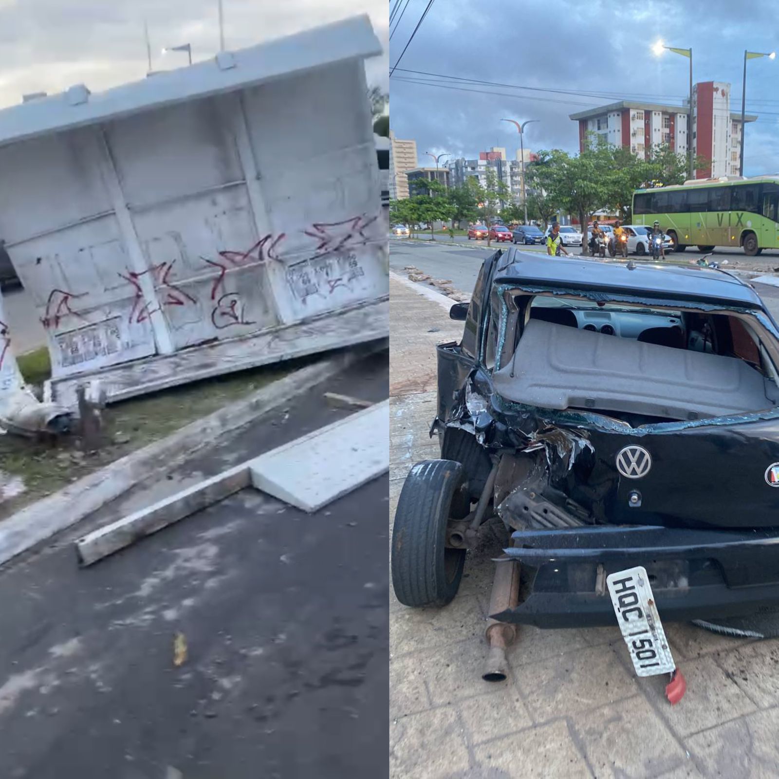 Veículo perde o controle, destrói parada de ônibus e bate em outro carro na Areinha