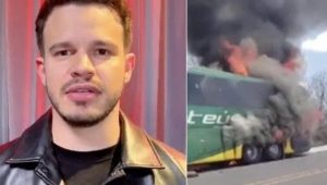 Ônibus da equipe do cantor Matheus Fernandes pega fogo no Ceará