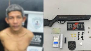 Suspeito de tráfico é preso com rifle calibre 22 e porções de drogas