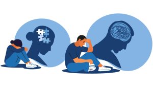 Depressed people sitting on floor and hugging knees. Mental health concept. Depression, bipolar disorder, obsessive compulsive, post traumatic stress disorder. Vector illustration.
