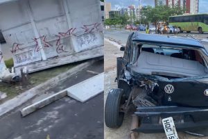 Veículo perde o controle, destrói parada de ônibus e bate em outro carro na Areinha